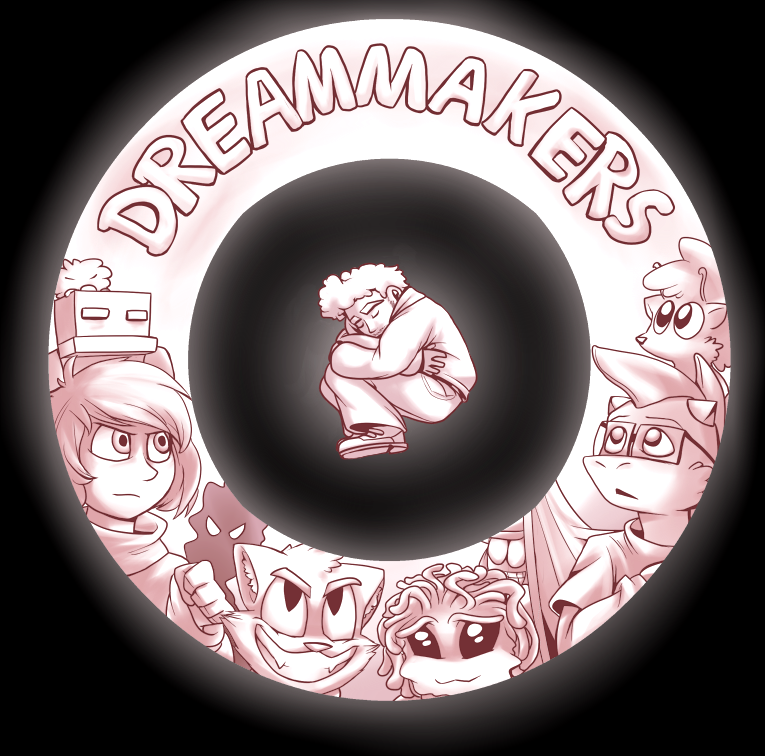 The cover of Dreammakers, showing a glowing circle on black ground with a young man curled up and sleeping in the middle.