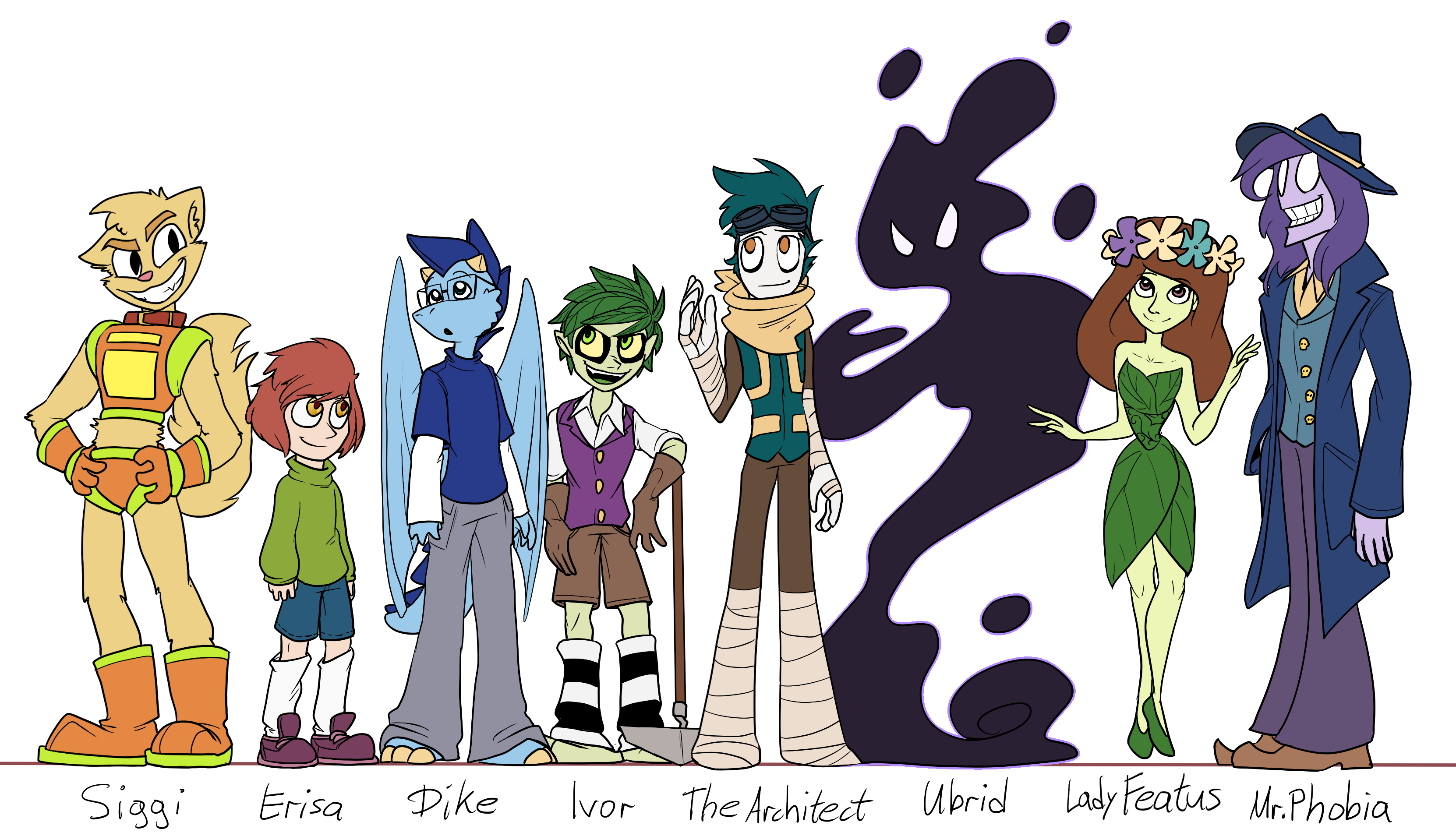 A height chart of the main characters in Dreammakers, showing from left to right: Siggi, Erisa, Dike, Ivor, The Architect, Ubrid, Lady Featus and Mr. Phobia.
