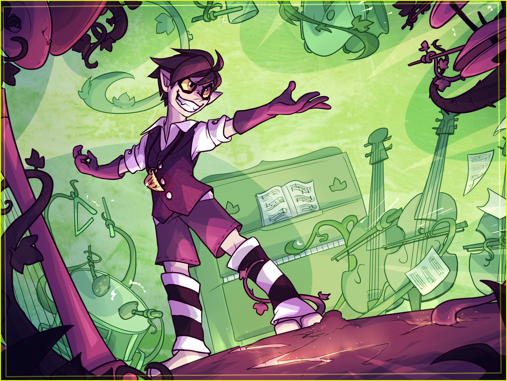 Ivor is playing orchestral music by wielding his vines and other plant parts to play the instruments, with him being the conductor.