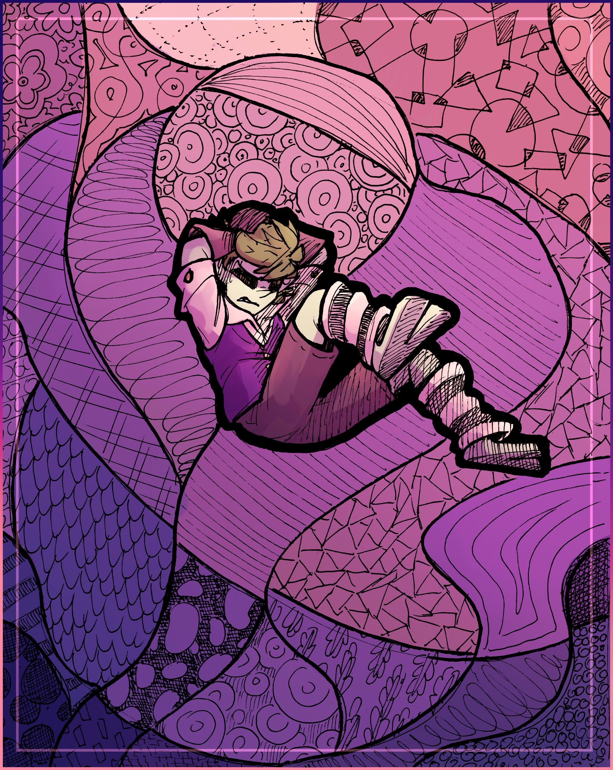Ivor is falling through an abstract background of purple doodles, looking distressed and haunted by memories.