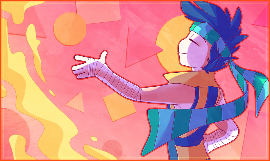 The Architect is having a flow experience. The background is hot pink with multiple colourful shapes as she wields the Sands.