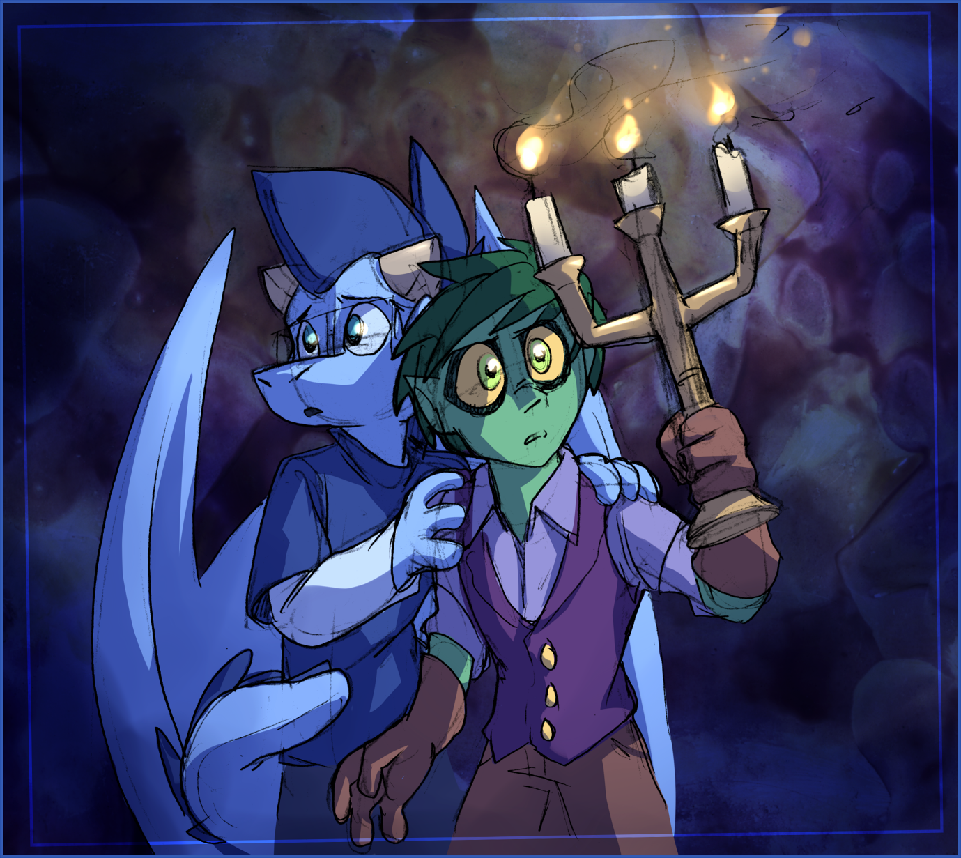 Dike and Ivy are exploring some dark environment. Ivor is holding an oldfashioned chandelier and Dike is holding on to him.
