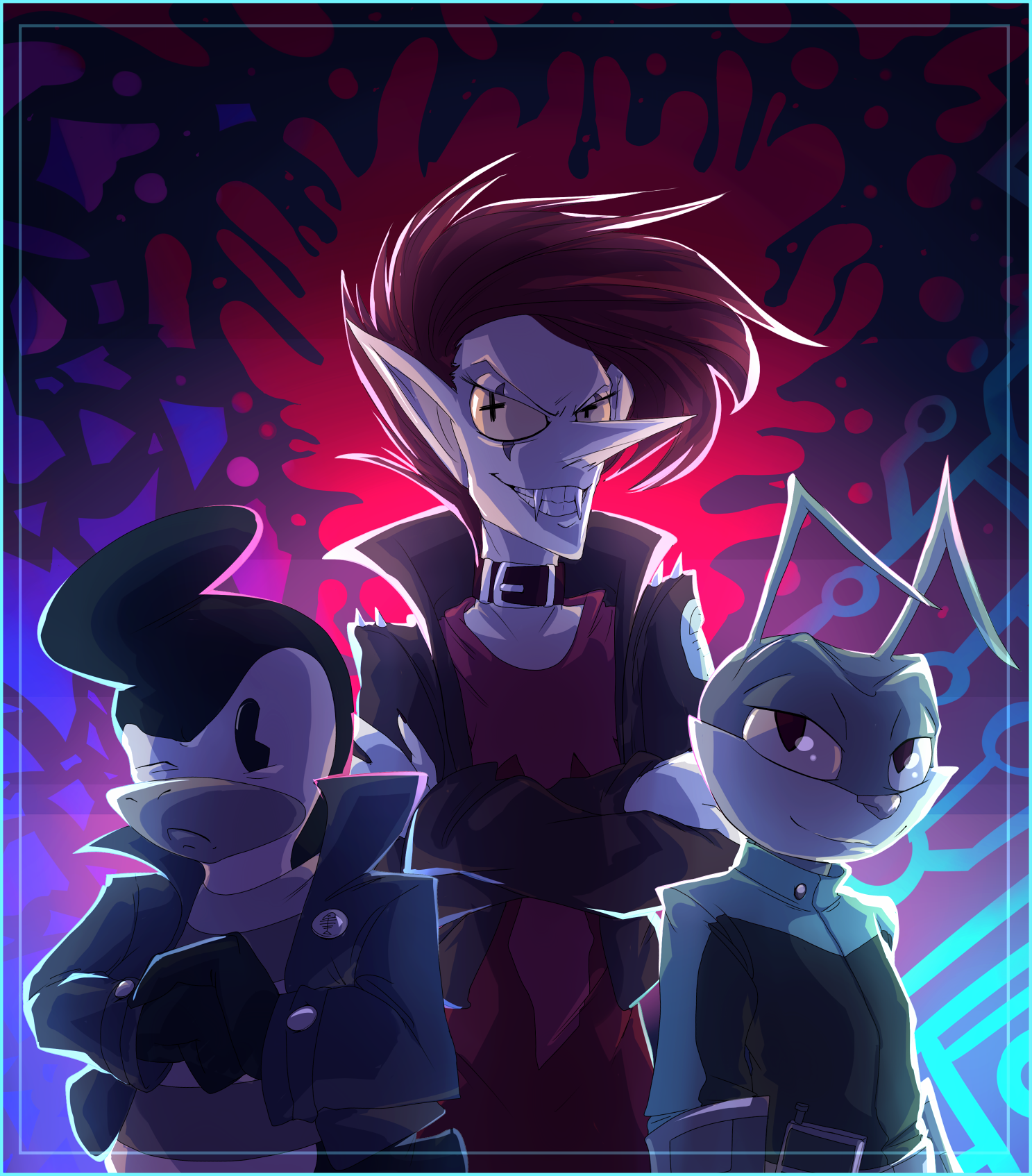 Three characters are standing in formation, a bug-like, sleek hacker, a tall vampire lady and her penguin friend. The lighting is ominous.