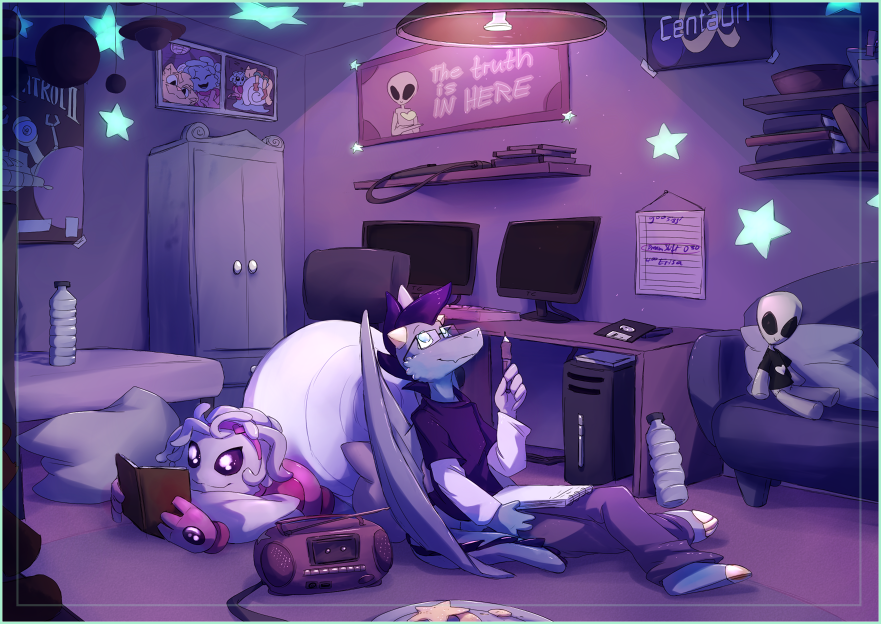 Abbiesnail and Dike are having a sleepover in Abbie's room, which is purple and themed after aliens and astronomy.