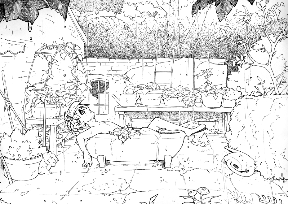 On a veranda in the rain, Ivor is laying in a bathtub, looking towards the sky and soaking in the moisture. There are plants all around.