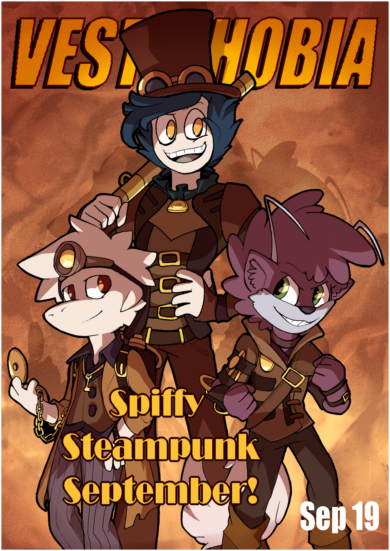 The Vestiphobia cover for Spiffy Steampunk September, featuring multiple characters in bronze-toned steampunk fashion.