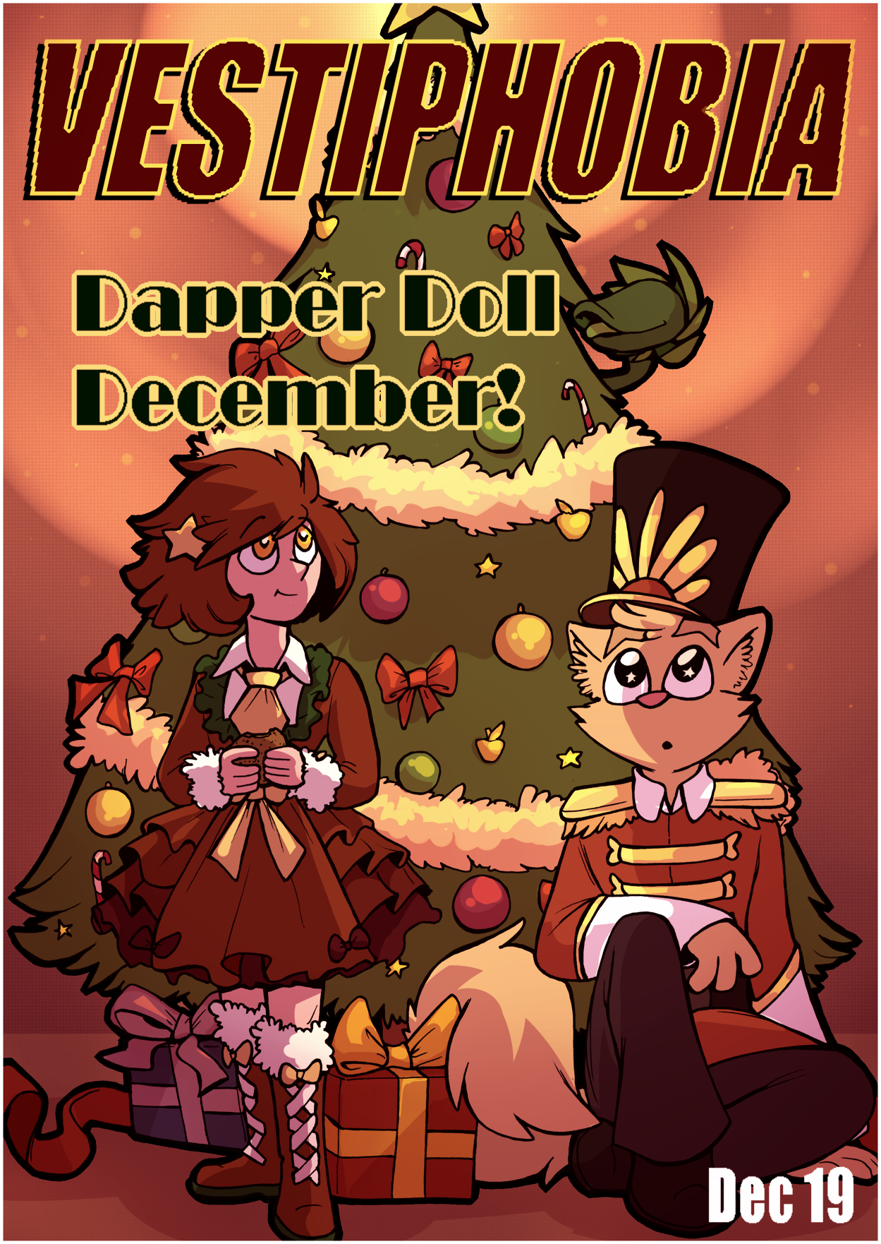 The Vestiphobia cover for Dapper Doll December, featuring Erisa and Siggi in Christmas outfits in front of a lit tree. Erisa's dress is frilly and red, with Siggi's outfit taking inspiration from The Nutcracker.