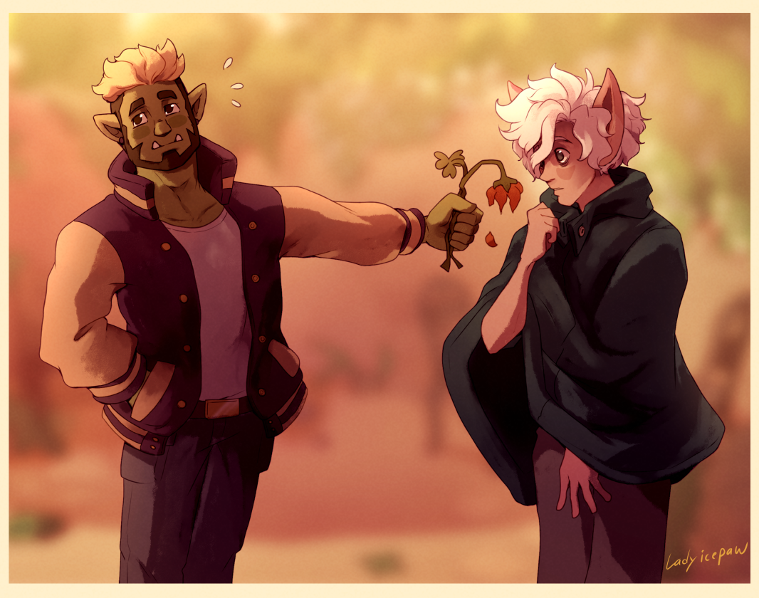 Leon the orc paladin offering a flower to Blanche, the elf wizard.