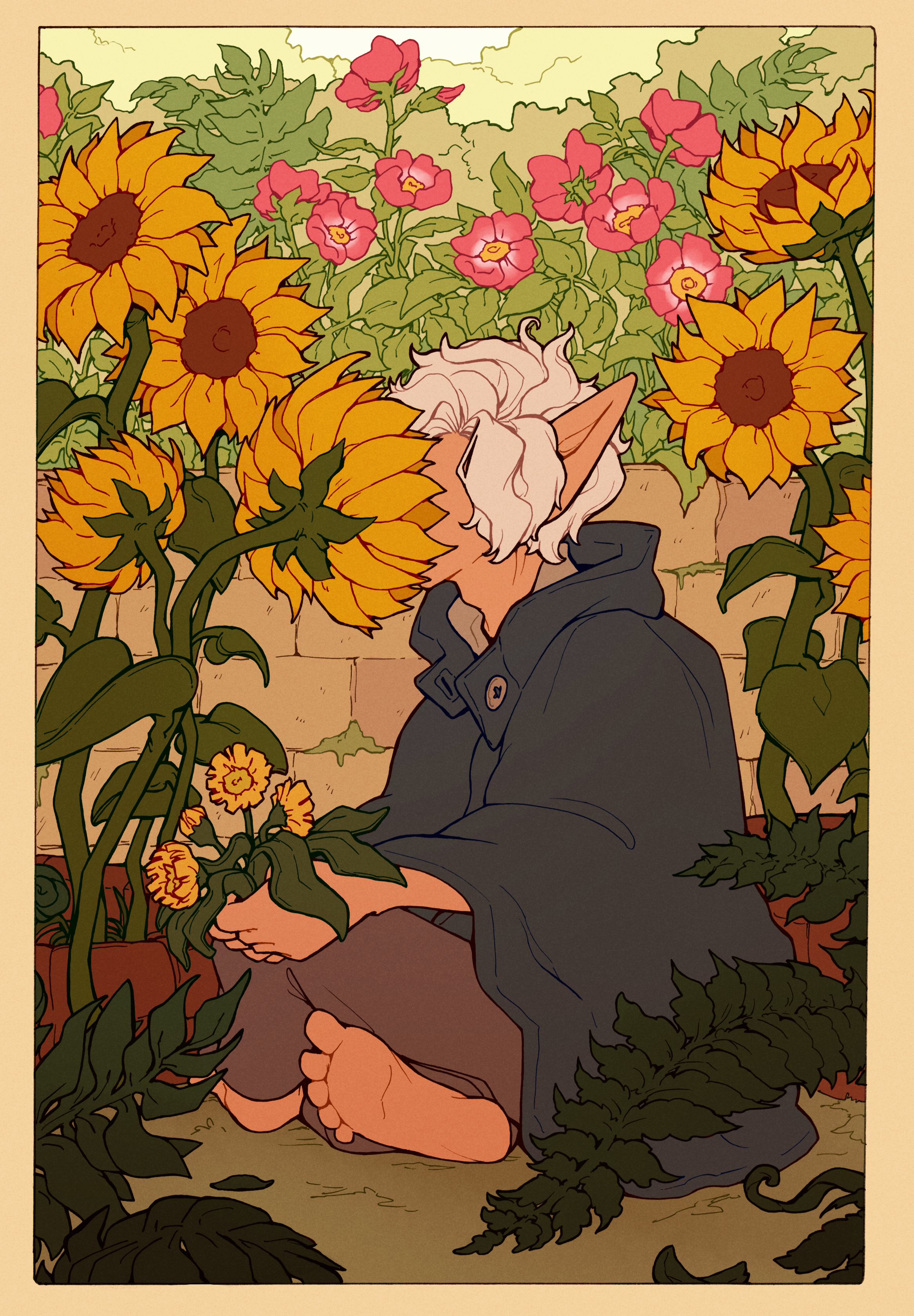 Blanche is sitting in the greenhouse with his face in a sunflower.