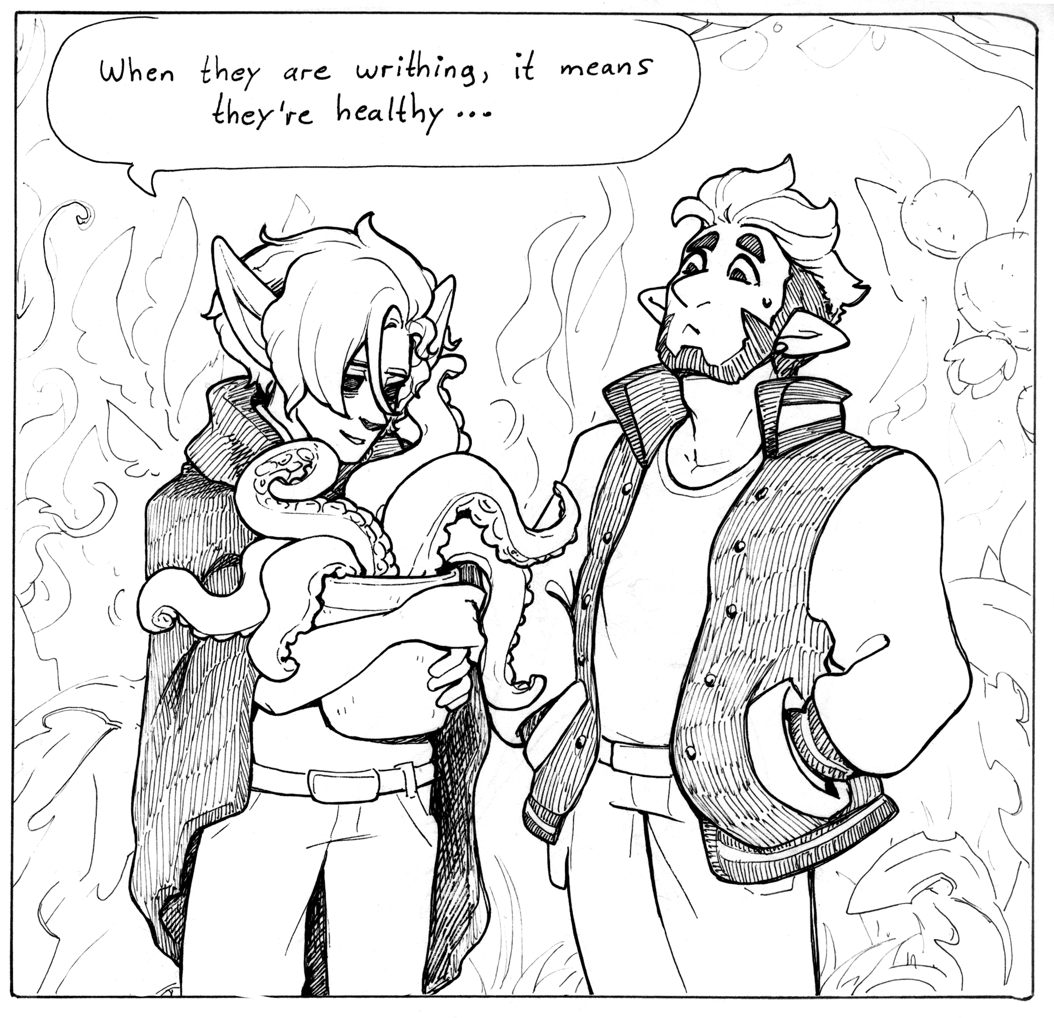Blanche is showing a tentacled plant to a shocked-looking Leon, saying 'When they are writhing, it means they're healthy.