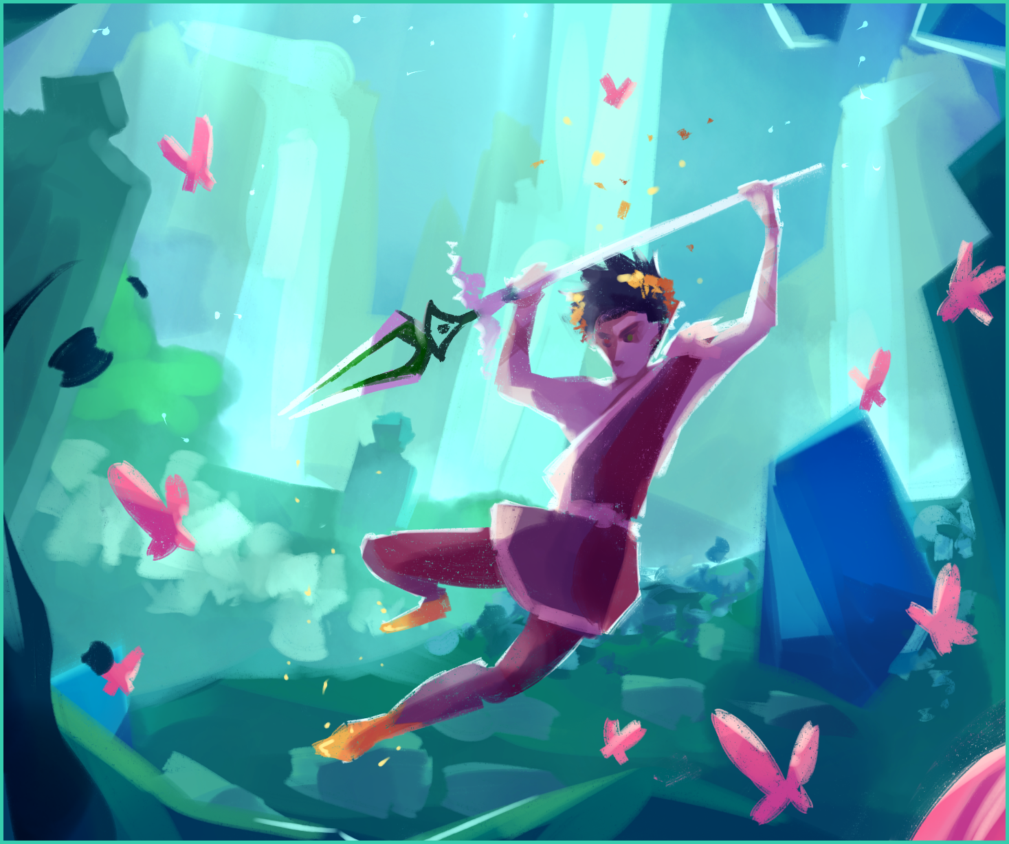Zagreus, wielding a spear, is dashing through the underworld layer of Elysium.