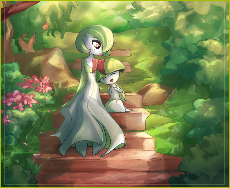 The pokemon Gardevoir is sitting on some steps with her son, a Ralts, in the bright sunlight.