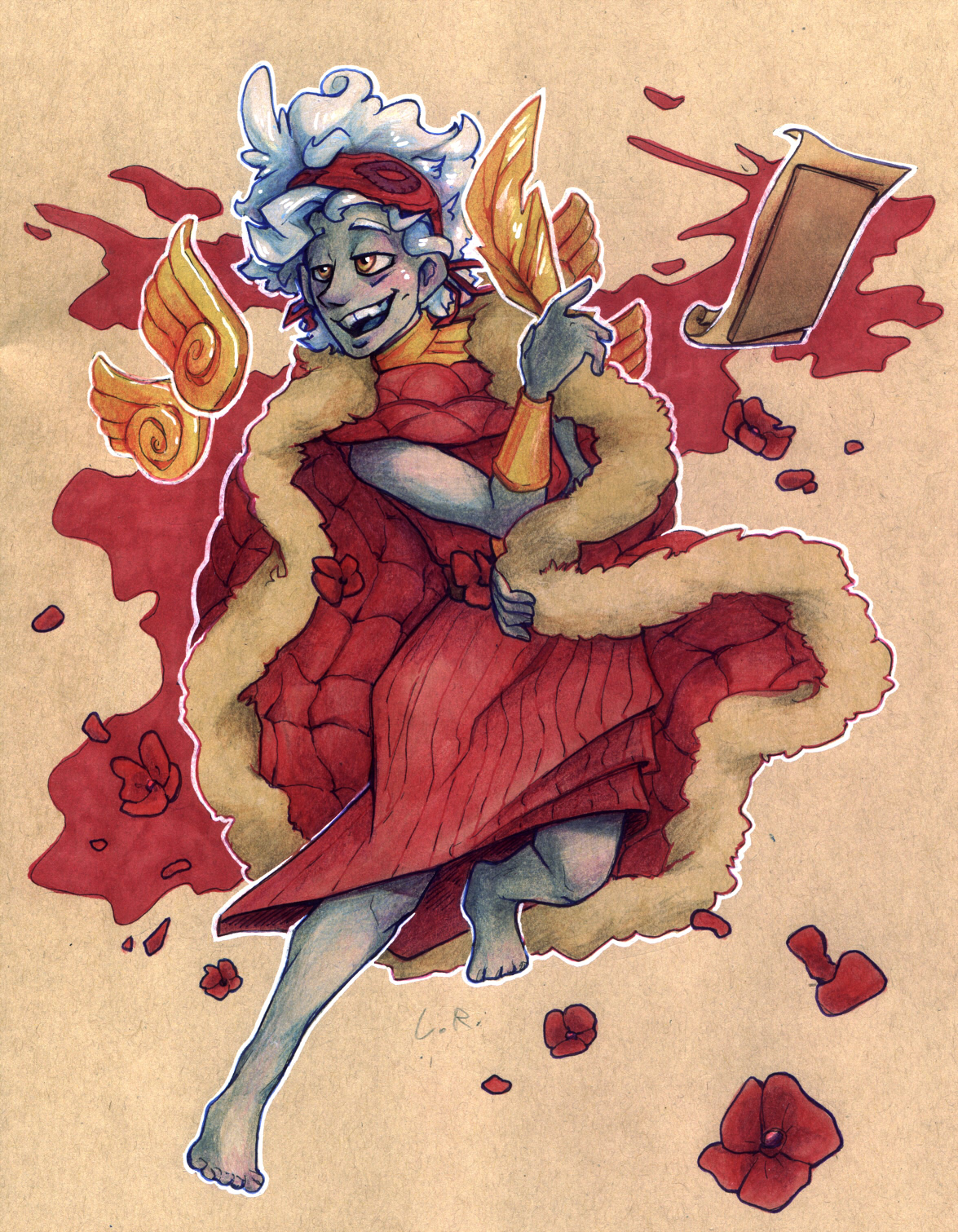 A drawing of Hypnos on midtone paper, looking smug as he gazes up from his list.
