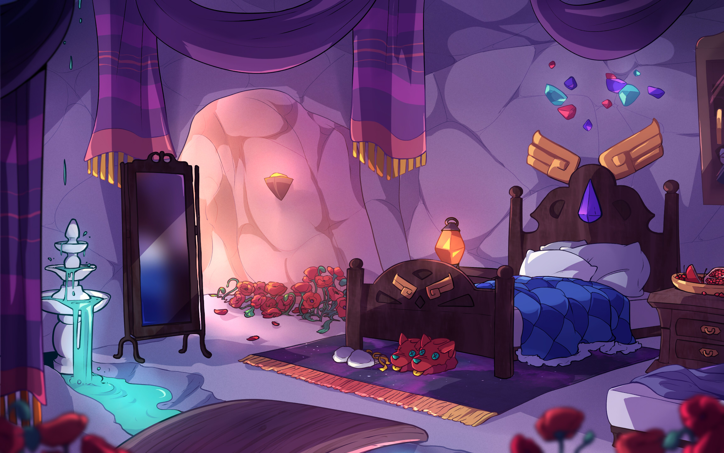 A bedroom in a cave system, looking luxurious and decorated with colourful, glowing gems. There are poppies by the entrance.