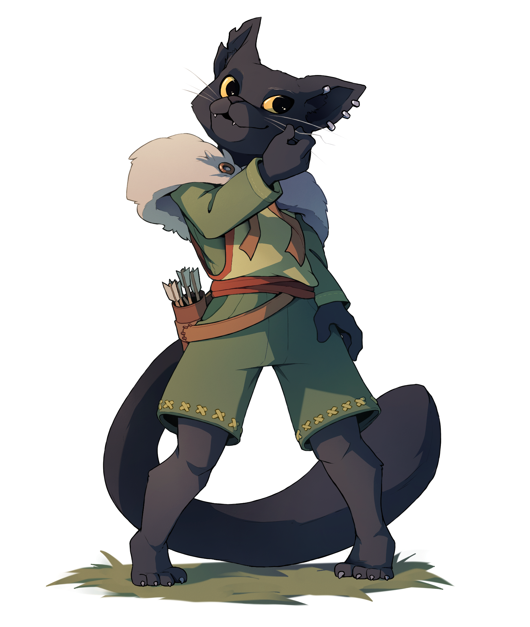 Lucky, a black catfolk ranger in green and red clothing.