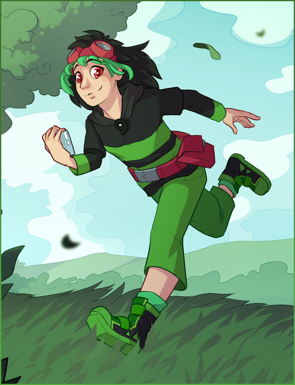 A girl happily running across a meadow while wearing Digimon gear.