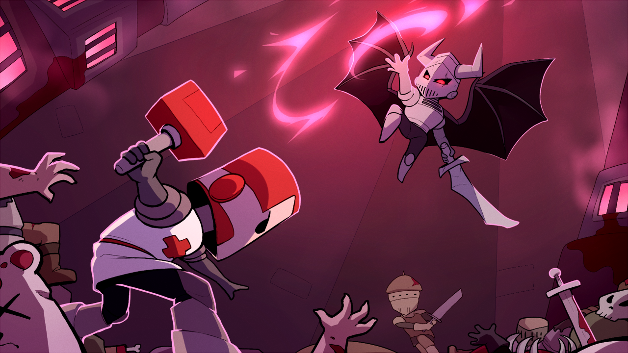 The battle between the Red Knight and the Necromancer in Castle Crashers.