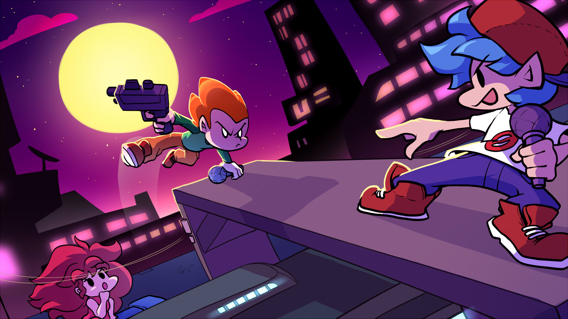 Pico is chasing after Boyfriend in his rap battle of Friday Night Funkin'.
