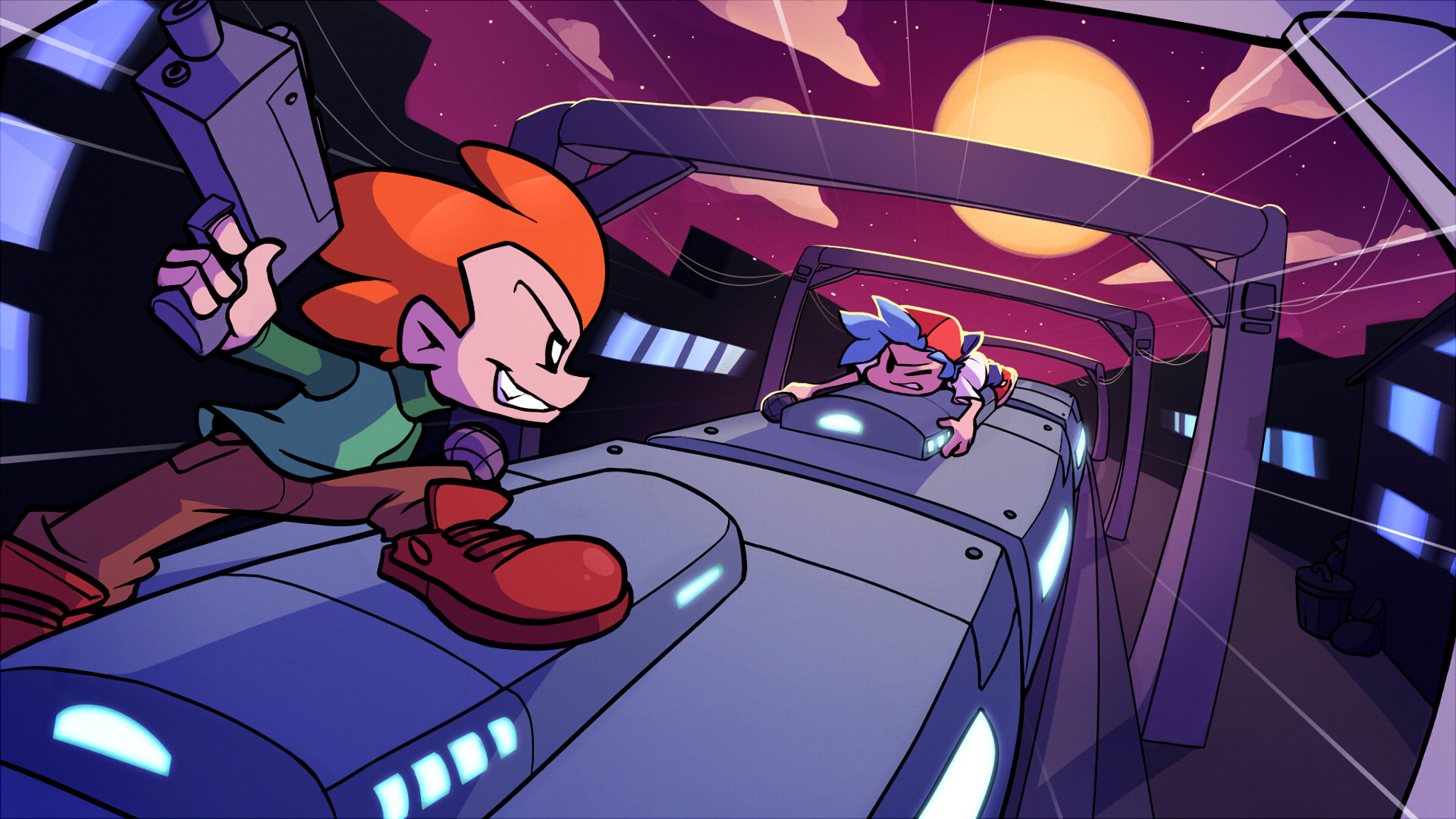 Boyfriend and Pico are continuing their battle on top of a moving train.