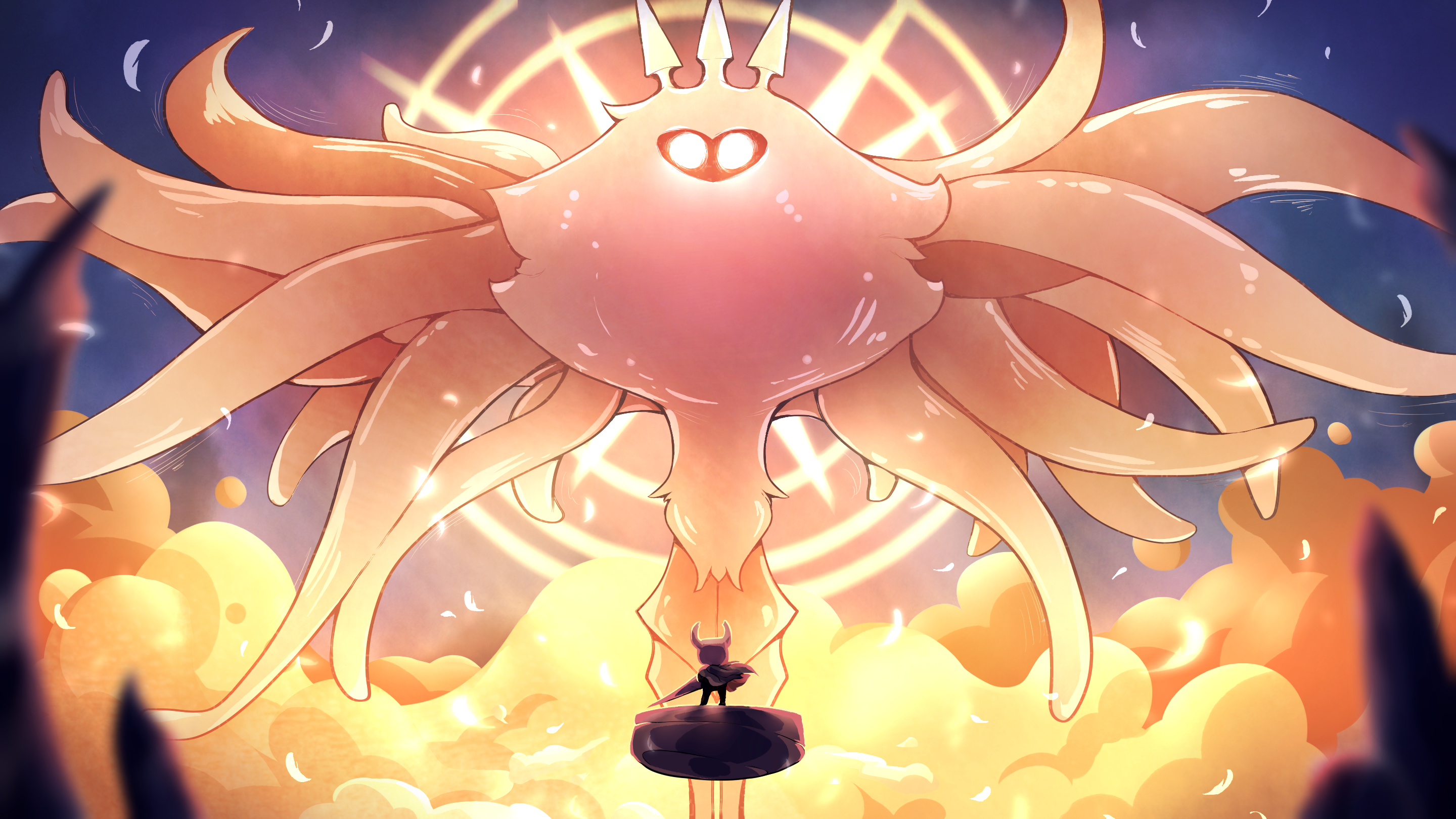 The boss fight versus Radiance in Hollow Knight.