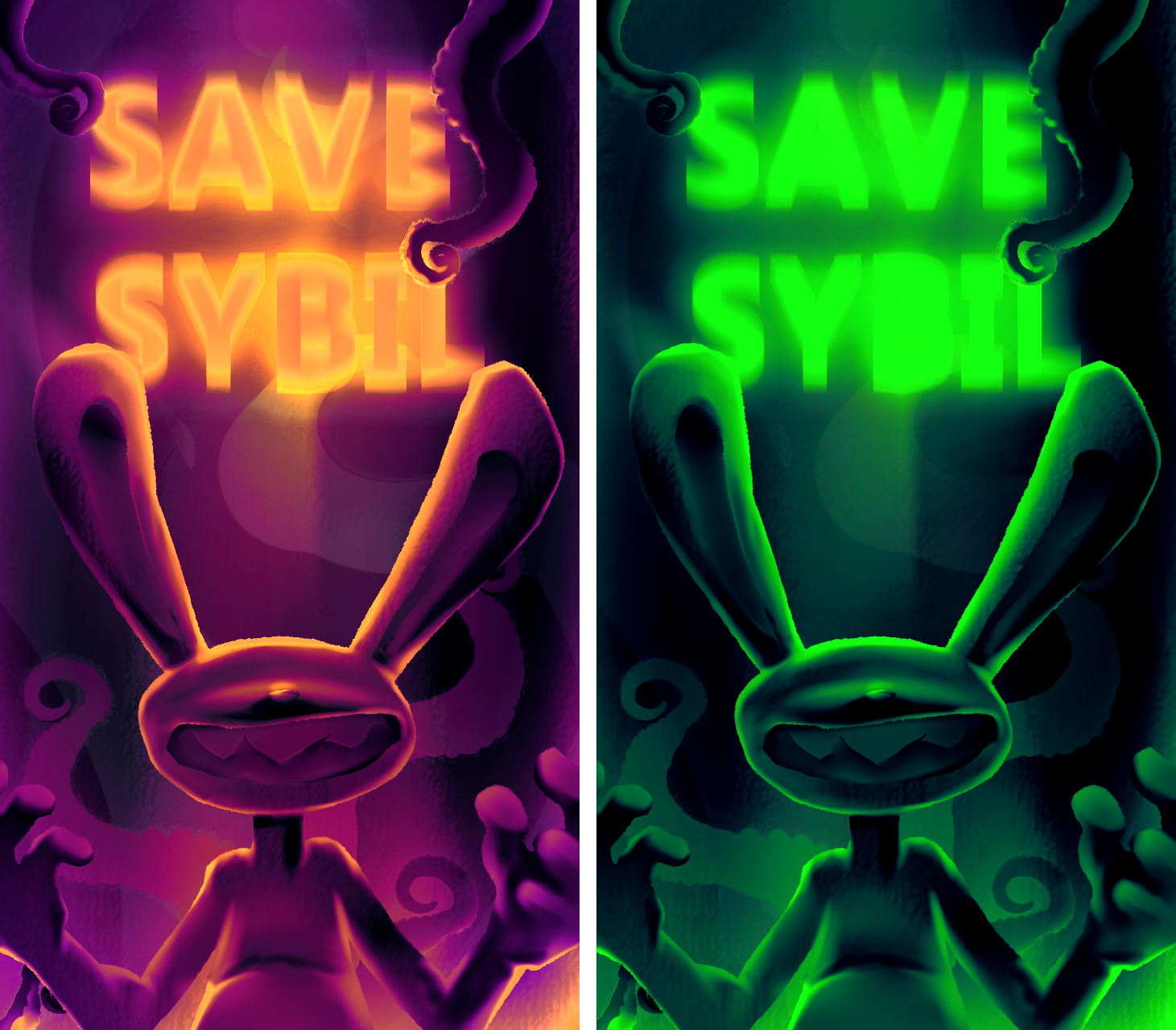 A painting of Max from Sam and Max, backlit by ominous light, with the bright letters 'Save Sybil' above. There are variants in orange and green.