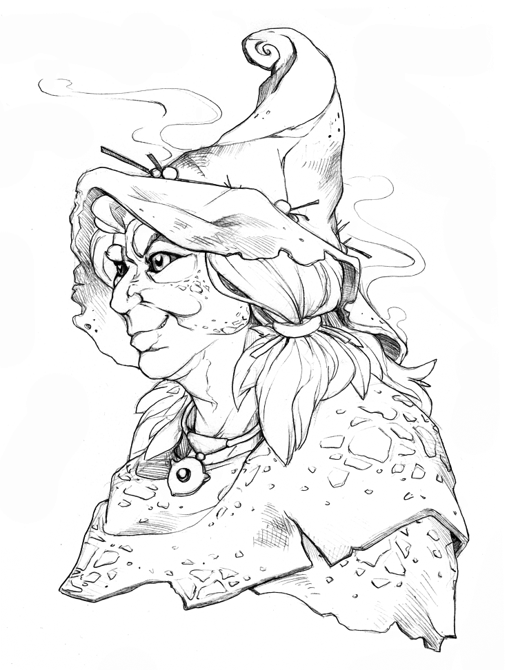 A pencil sketch portrait of an elderly witch with a mischievious expression and scorch marks on her hat.