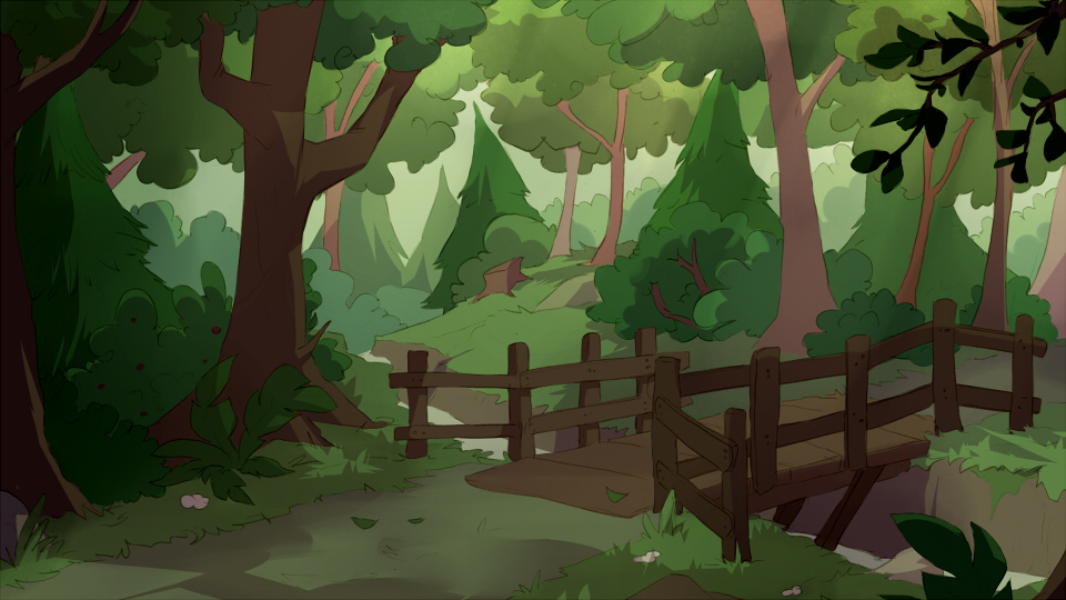 Art of a forest, with a bridge crossing a small river.