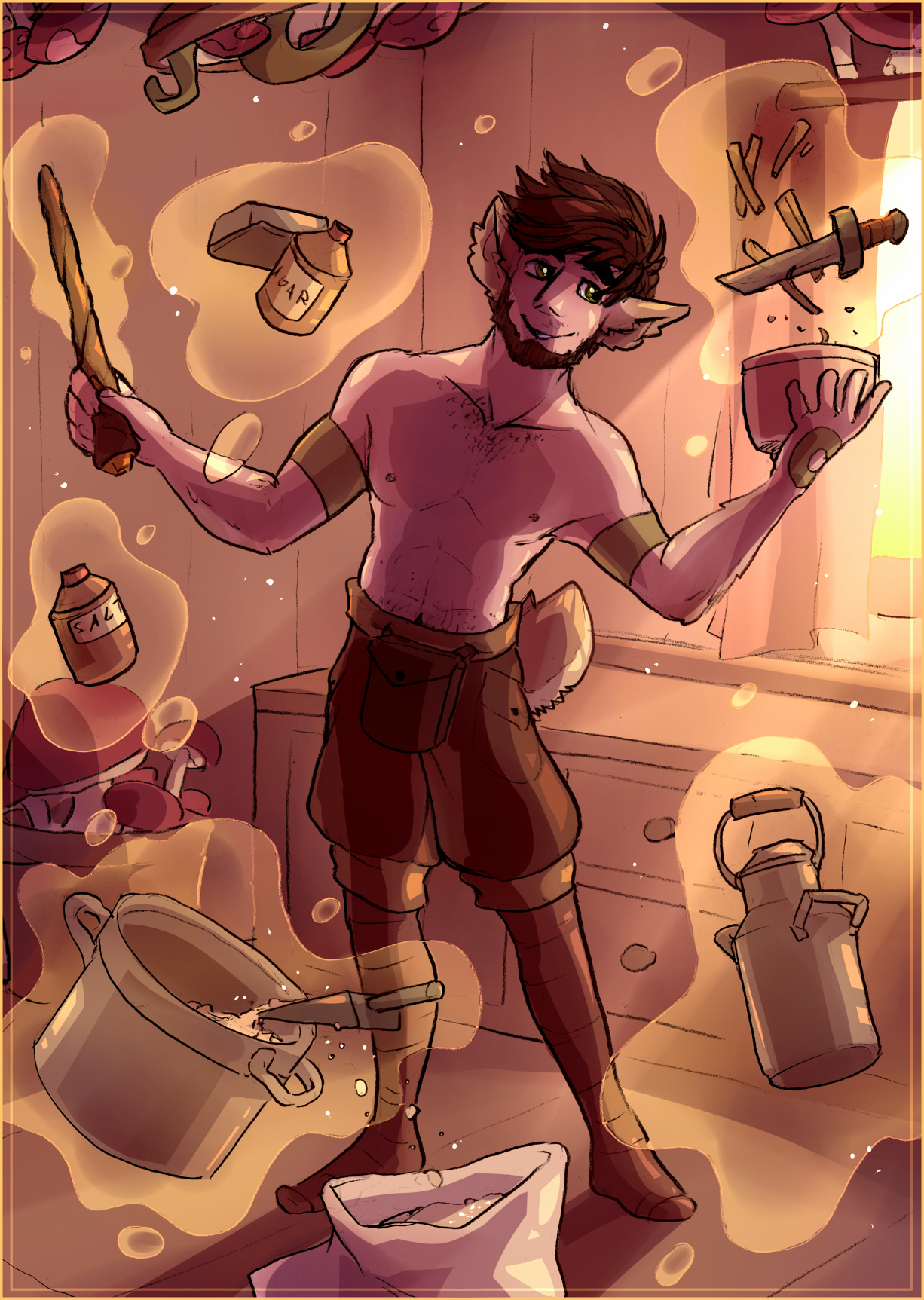Atlas is in his kitchen, happily stirring up a cake as he uses a wand to float around ingredients.