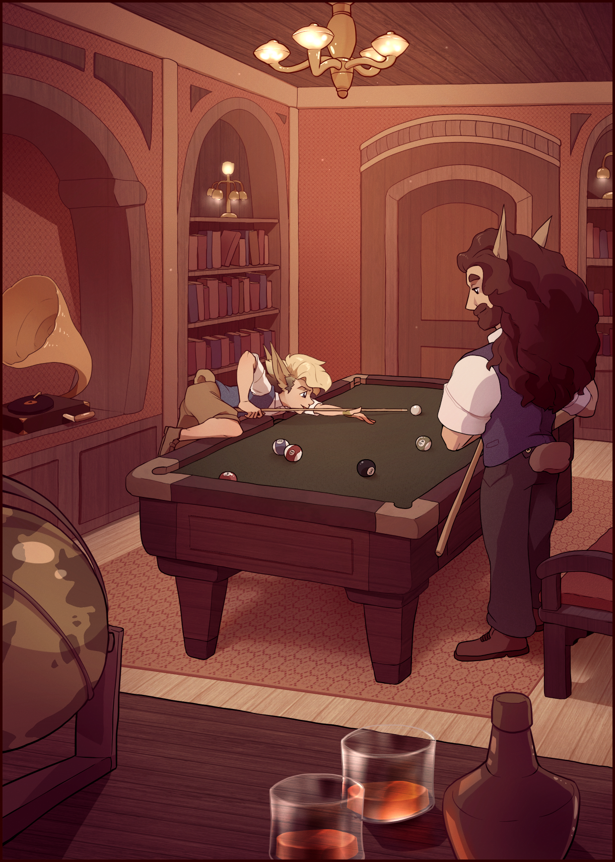 Jasper and Lord Oberon are in a lounge-like room at the residence, playing billiards at a table. The mood is warm and cozy.