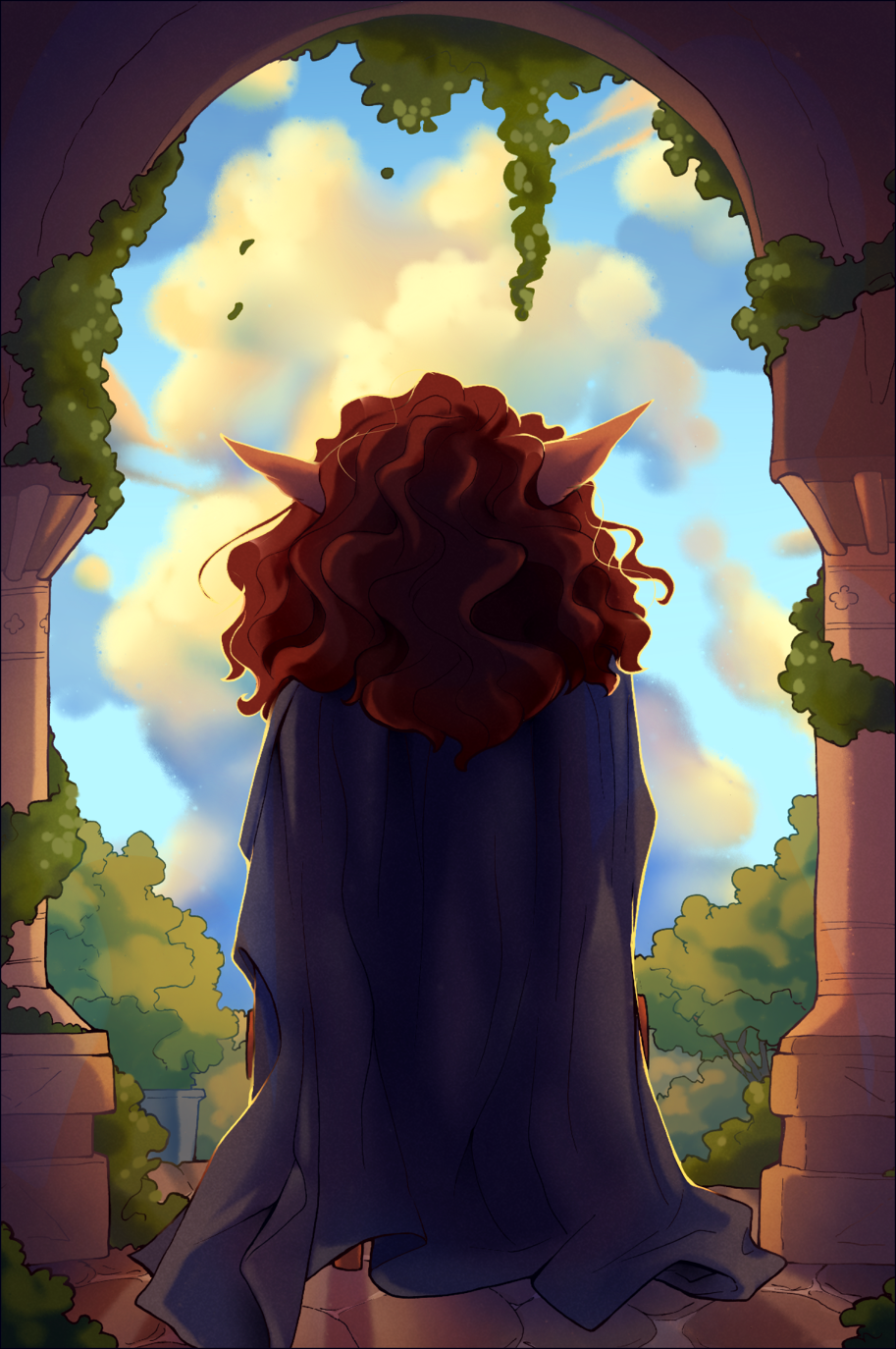 Oberon from behind, facing the royal garden with its bright blue skies, his curls and cape pooling behind him.