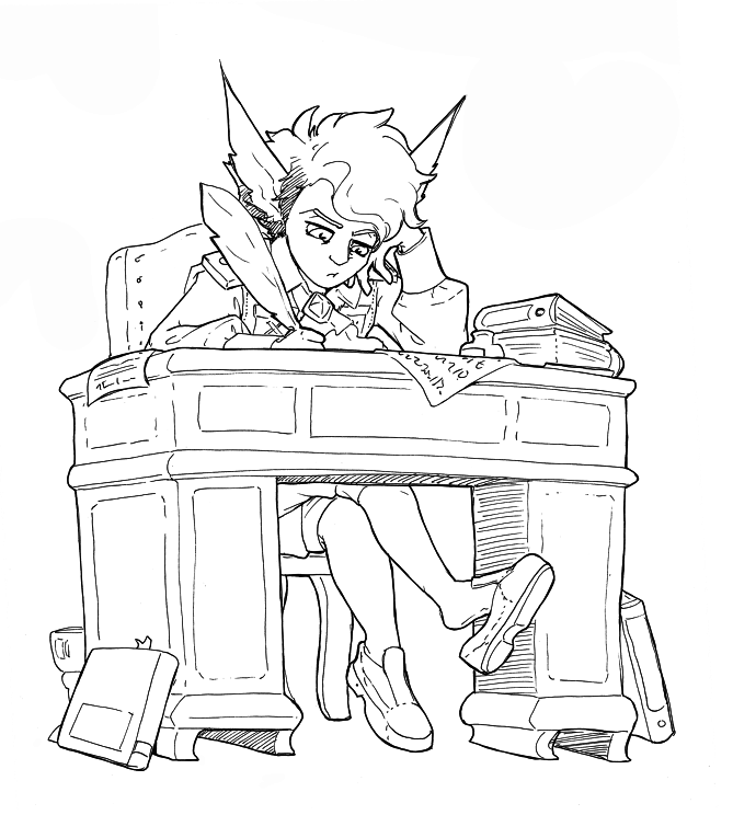 Jasper is sitting at his desk and doing paperwork, not looking particularly delighted about the task.