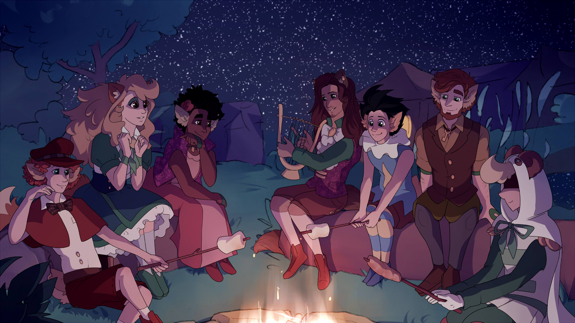 The Lovewood protagonist and six main characters are huddled around a campfire at night, casually talking and singing during Midsummer Night.