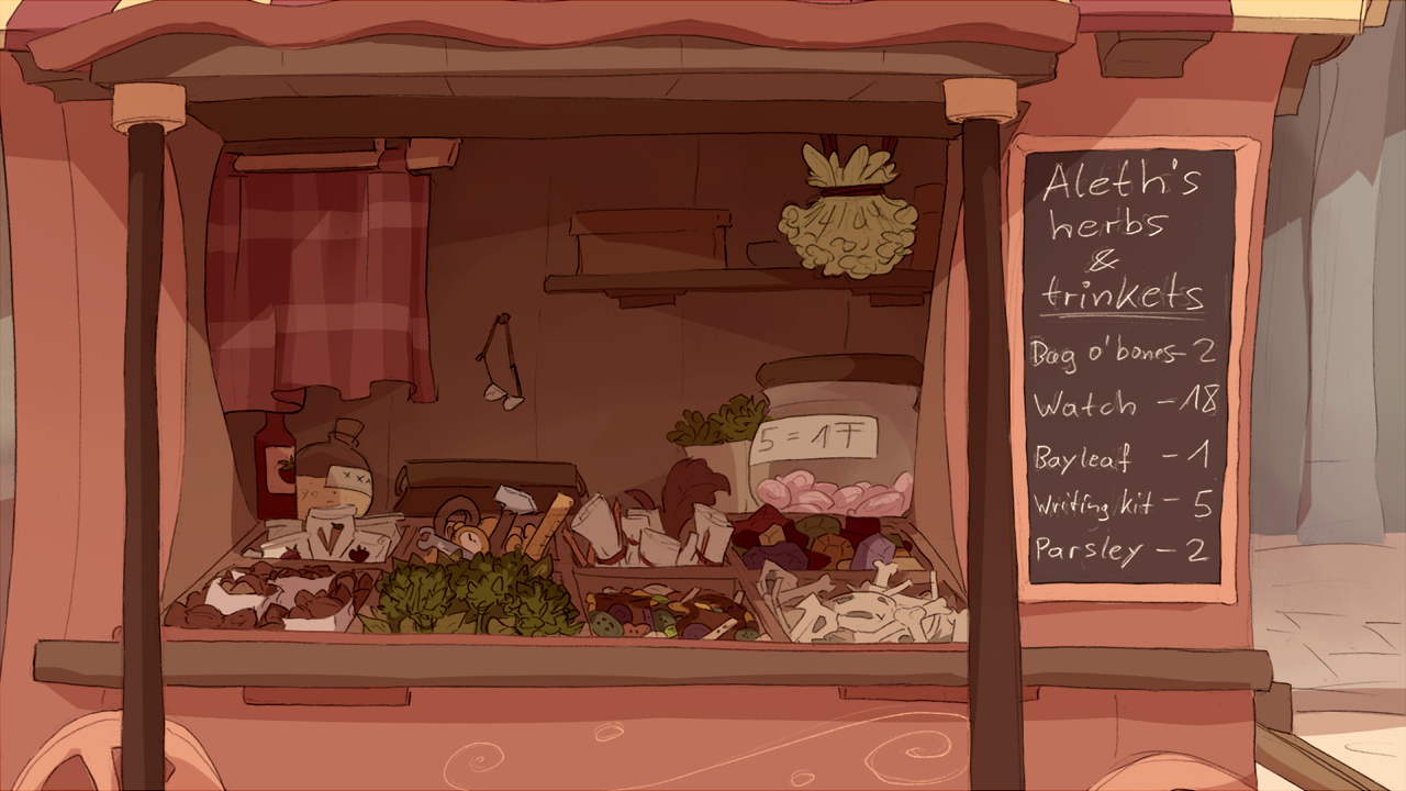 Aleth's store cart, a colourful collection of thingamajicks. The are herbs, buttons and scrolls for sale, amongst many other things.