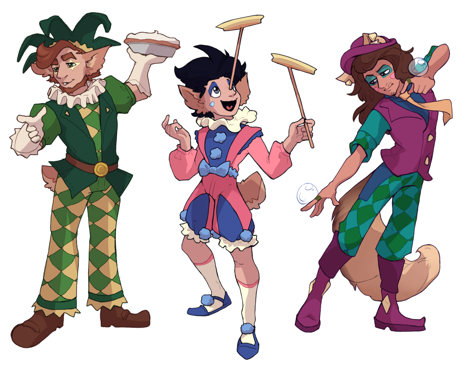 Atlas, Nord and Moth reinterpreted as colourful clowns.