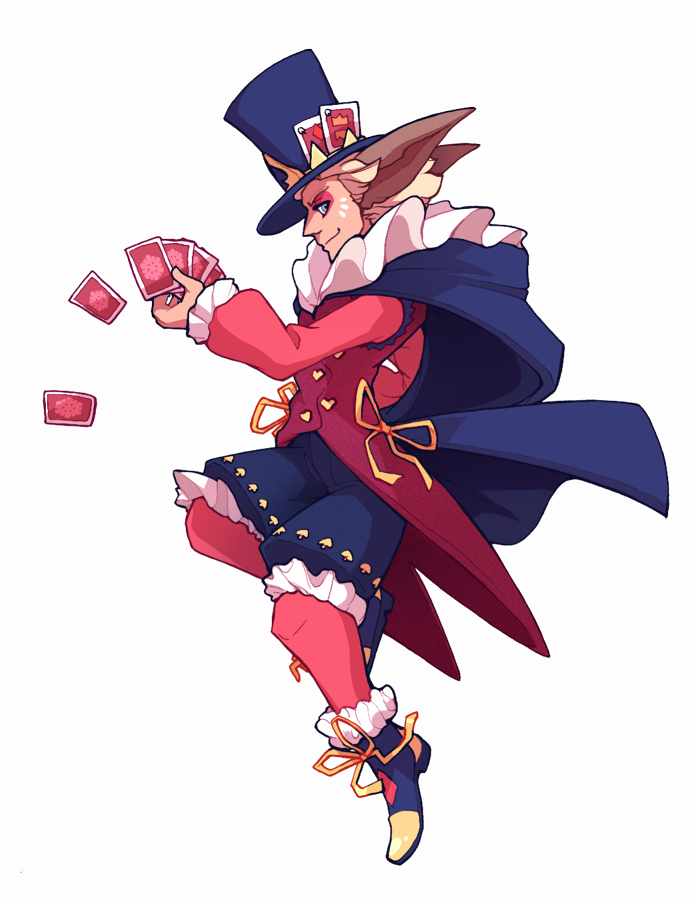Titania in a whimsical pink and blue stage magician's outfit, wielding a game of cards.