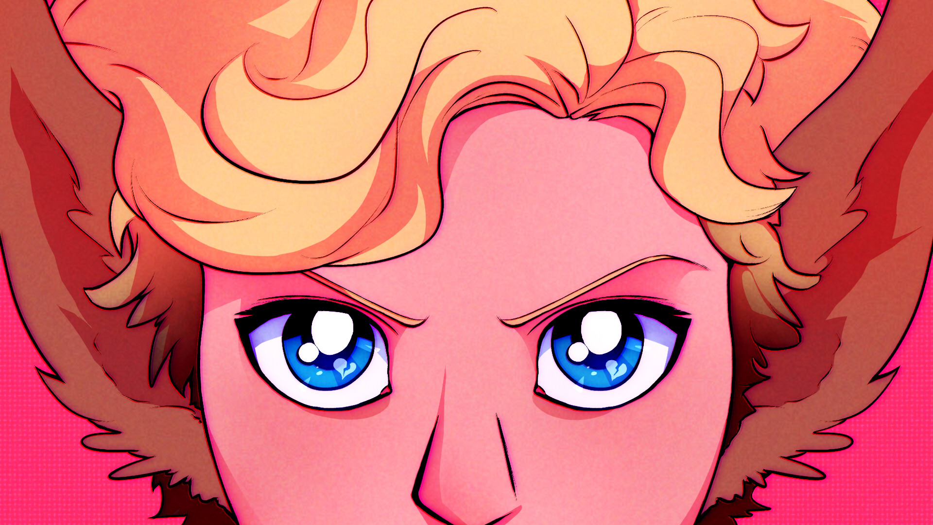 A close-up of Jasper's eyes, drawn to resemble the style of eighties and nineties magical girl anime. The background is bright hot pink.
