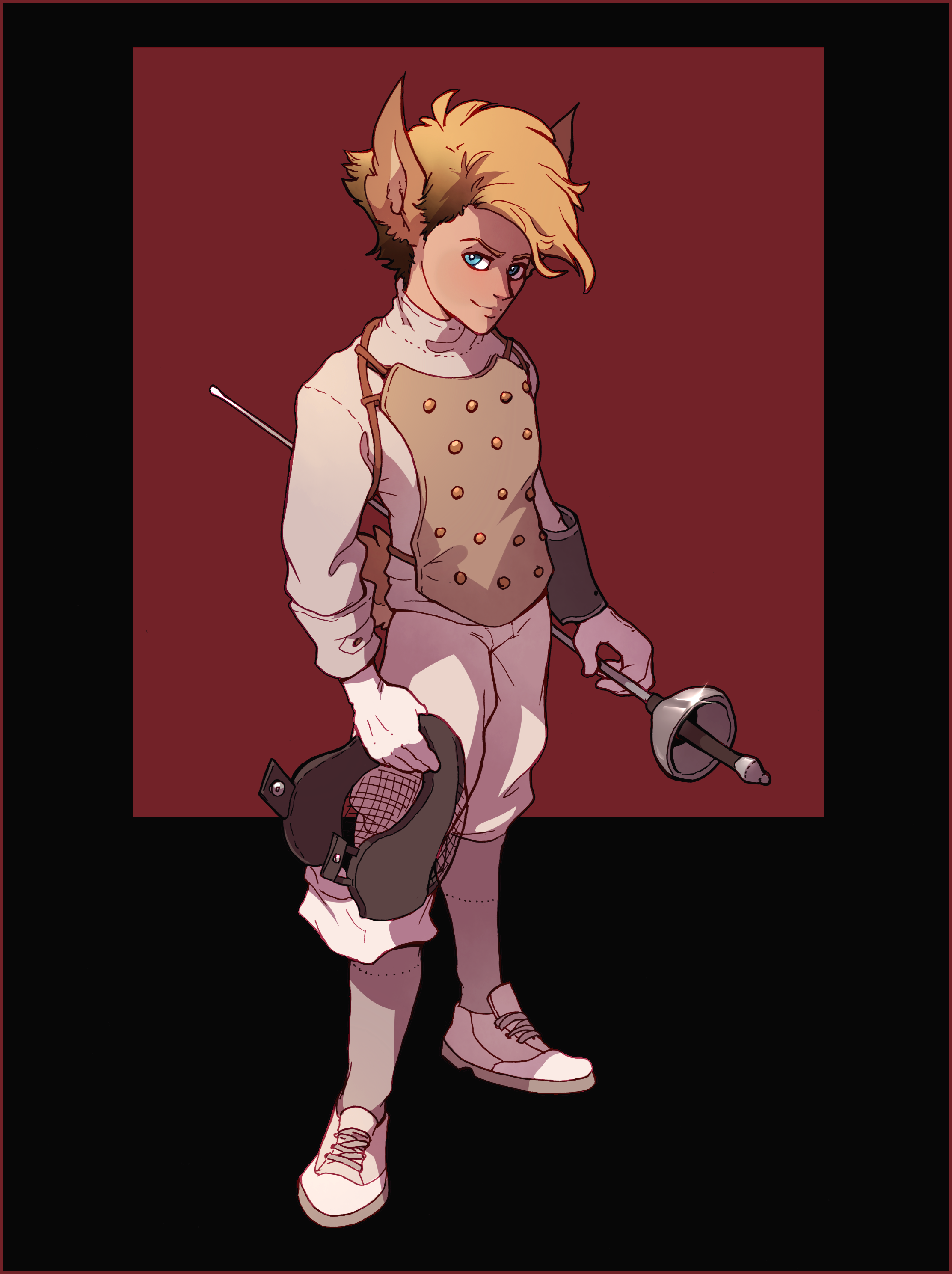 Jasper with his fencing equipment, ready for the next challenger.