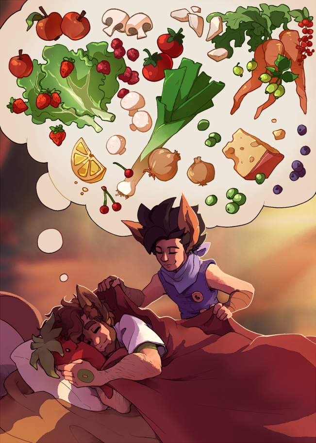 Atlas is tucked in bed by Nord, cuddling a plushie of a chili fruit, dreaming of all kinds of beautiful food ingredients.