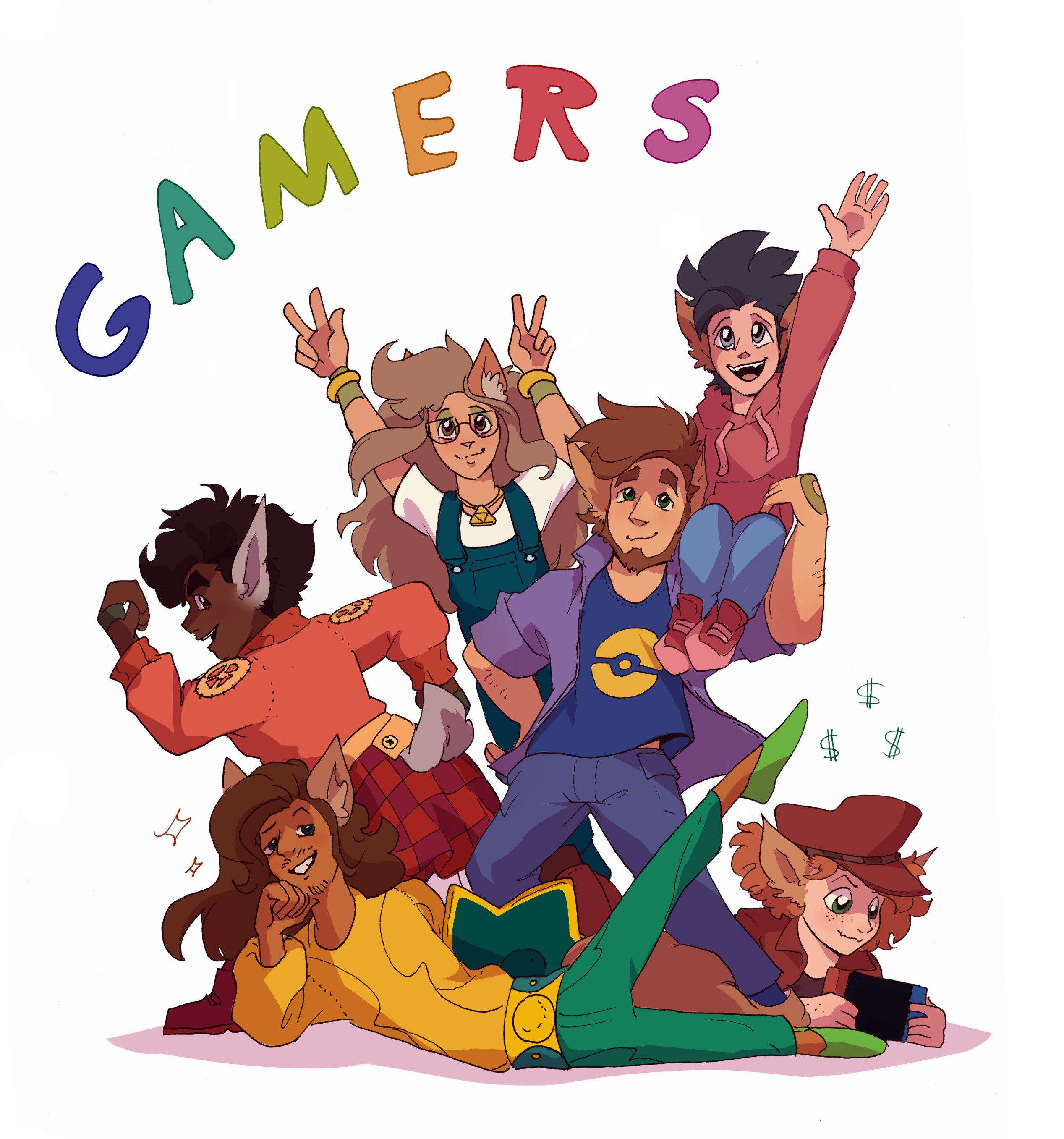 The six Lovewood main characters posing in colourful modern outfits, including references to The Legend of Zelda, Spiritfarer and Team Fortress 2.