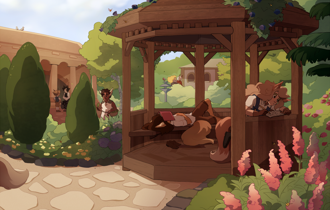 A gazebo in the public gardens on a sunny day, with lush greenery all around. Townspeople are going about their business, studying plants, chatting or collecting herbs.