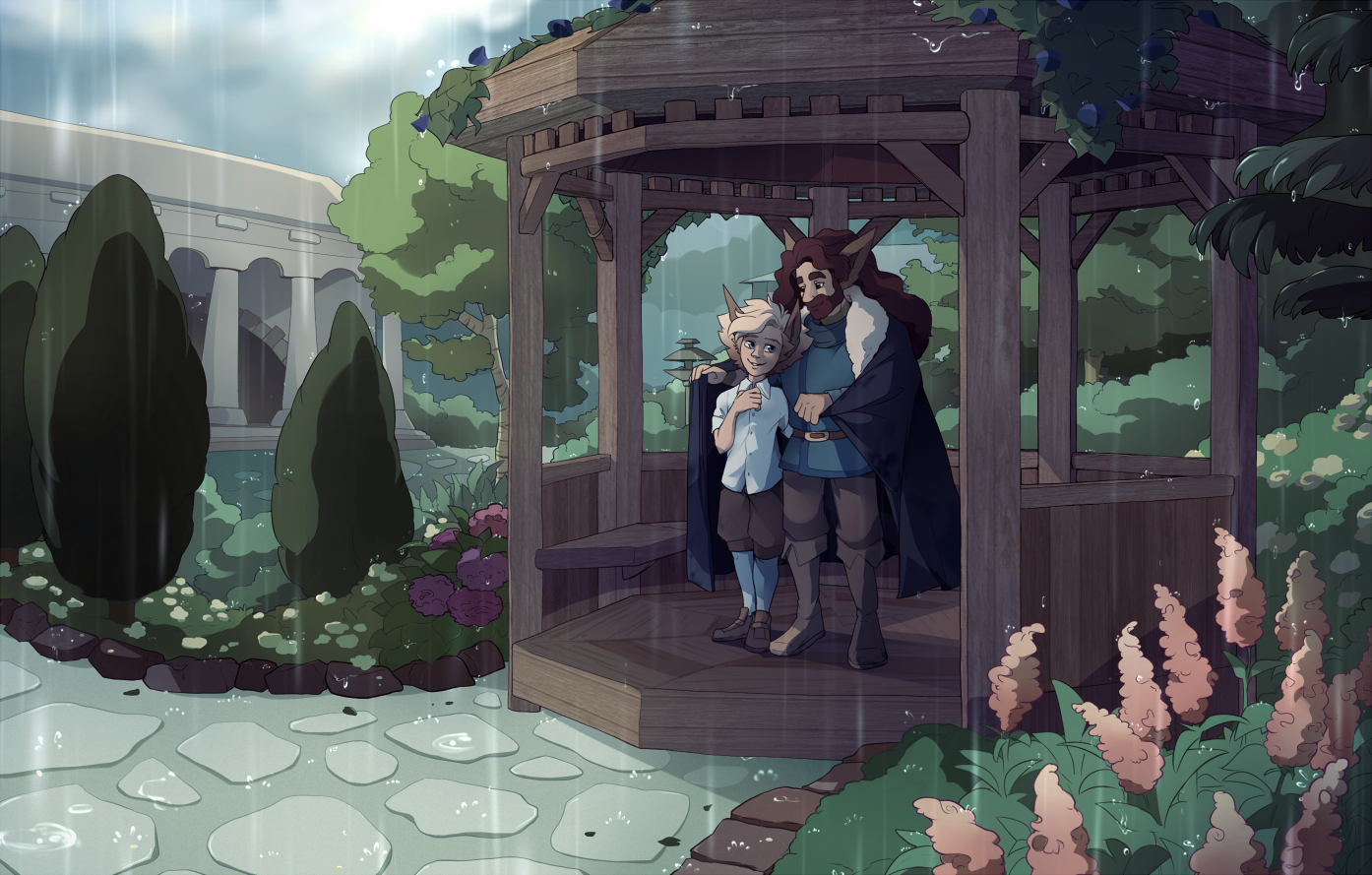 The same image as before, but now in the rain. The only people around are Jasper and Oberon, who are leaning against one another under the gazebo and chatting.
