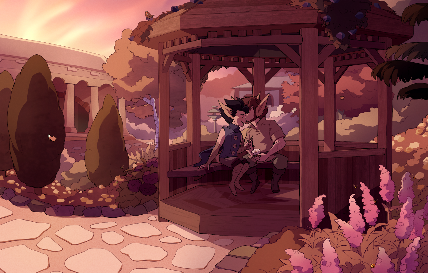 The third version of the image, now in a pink evening mood. Nord and Atlas are seated in the gazebo and whispering sweet nothings to one another.