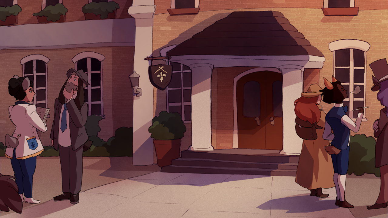 The entrance to the building of the Tailor's Guild in Fitzburg, with many visitors and Guild members hanging out and chatting.