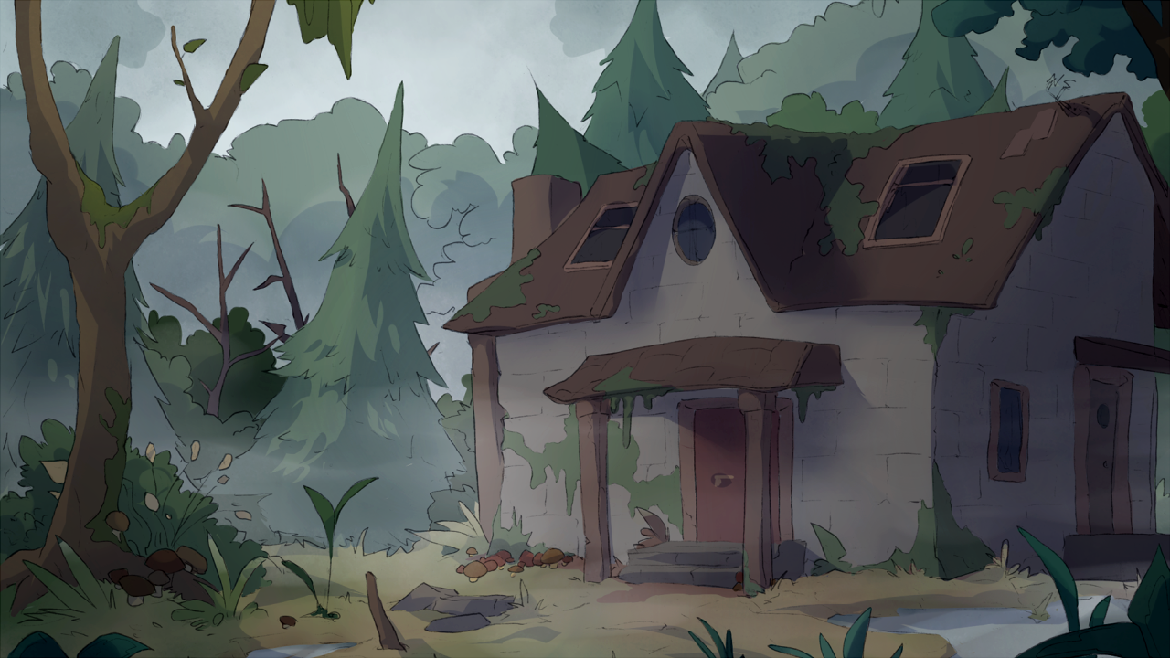 A haunted house in the deep forest of Liebwald. The environment is foggy and grey.