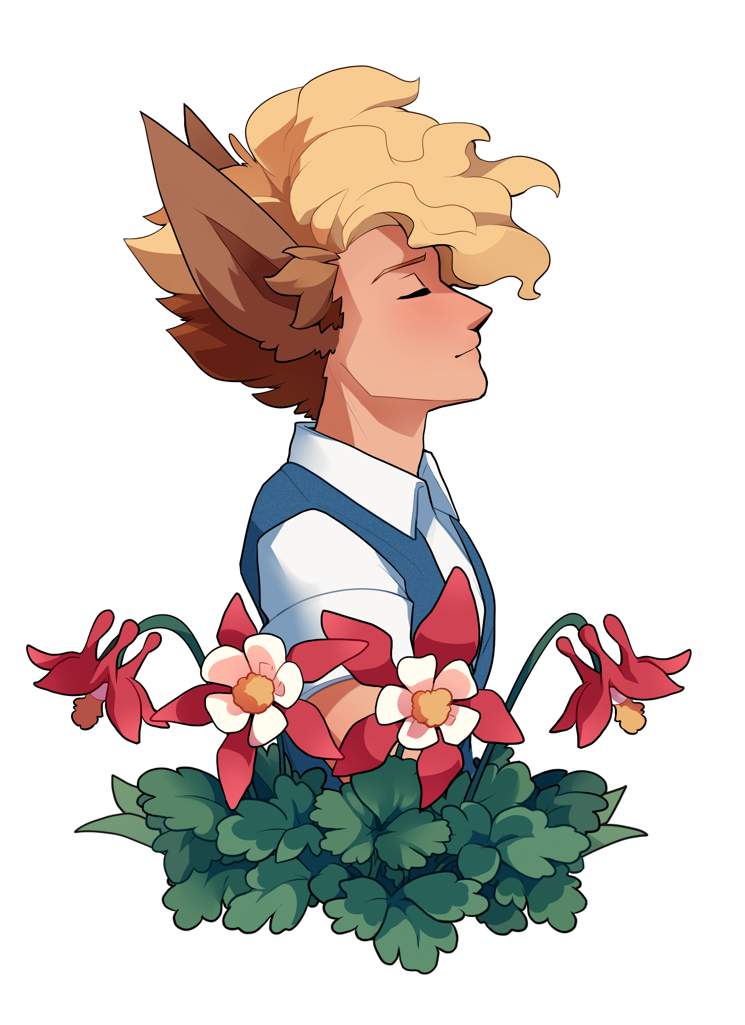 A profile view of Jasper with a serence expression, framed on the lower edge with red columbine flowers.