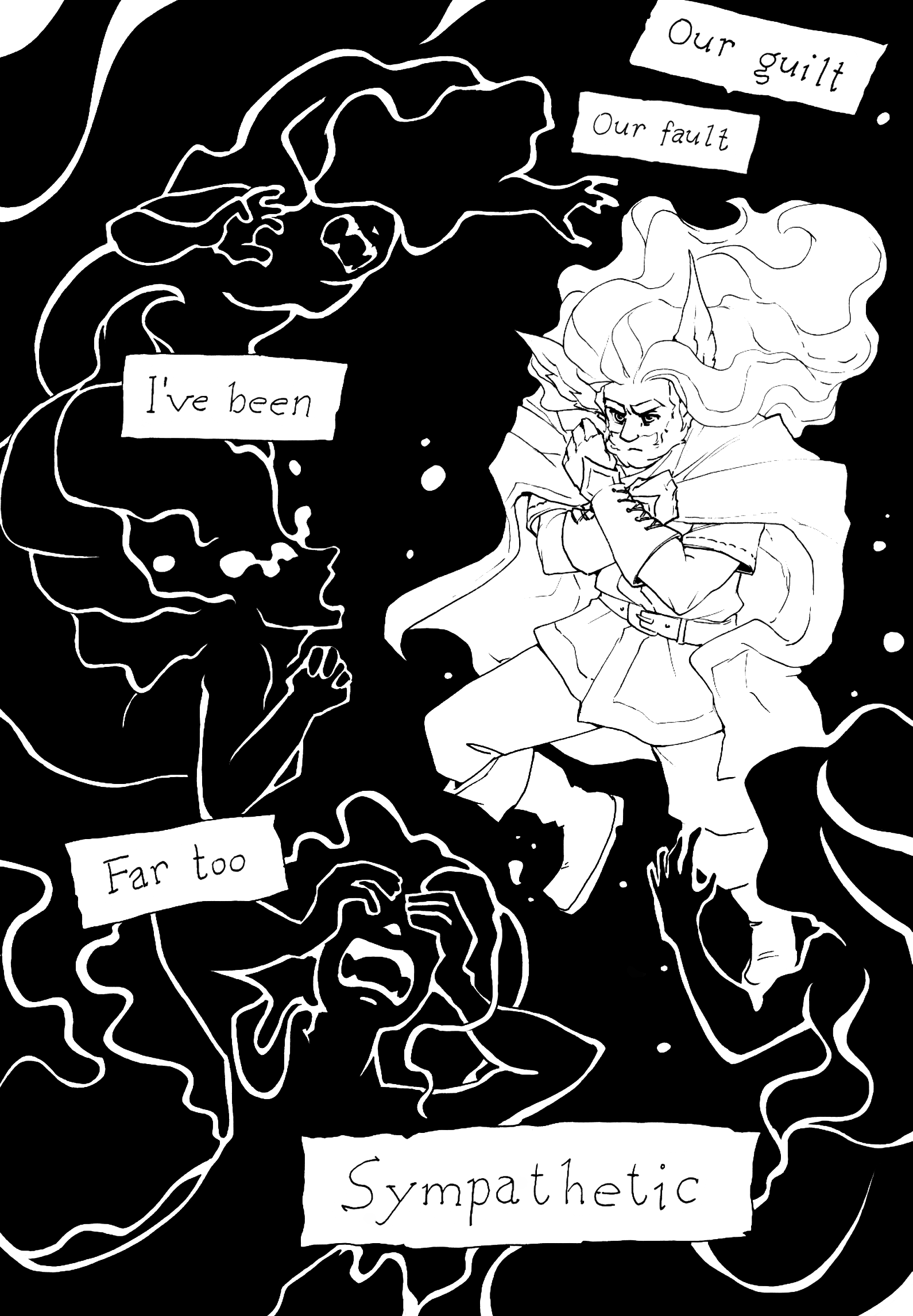 Oberon in a black void, surrounded by spectral furies, bracing against them. The text snippets say 'Our guilt, our fault, I've been far too sympathetic'.
