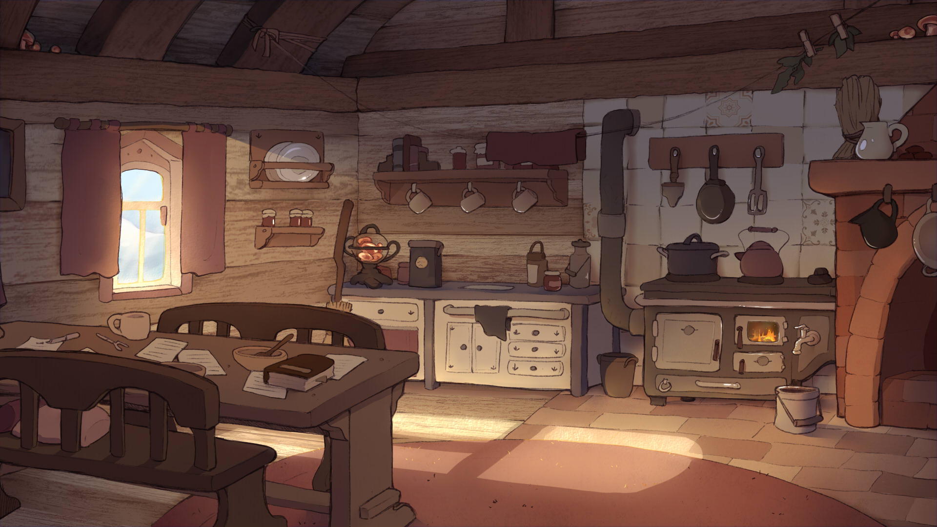 Atlas' kitchen, including a sturdy stove and a fireplace, with sunlight shining in through the window.