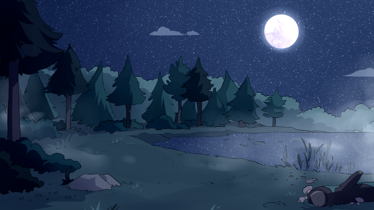 The lake in the forest during a clear, moonlit night.