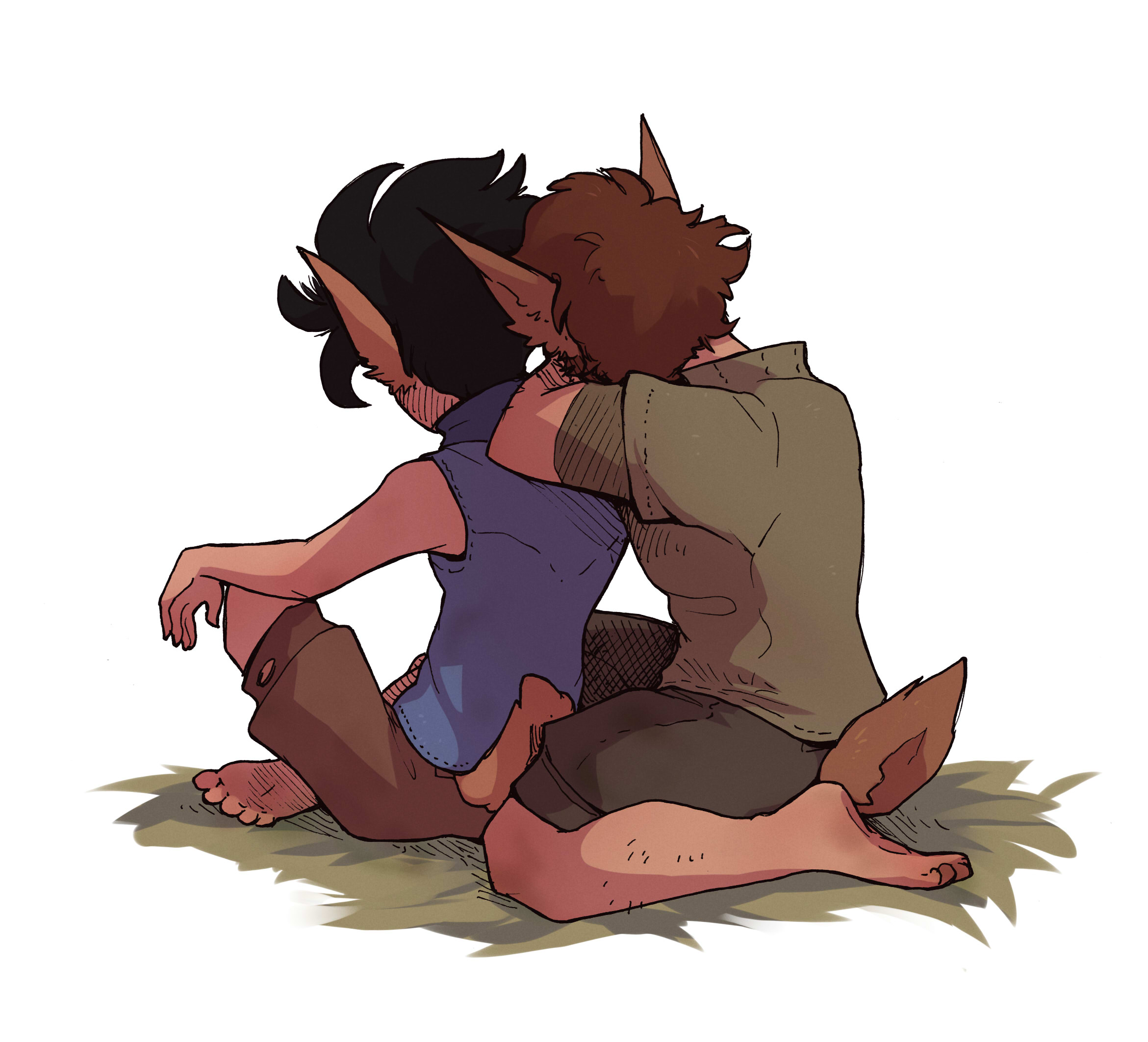 Atlas gently leans against Nord's back as they sit in the grass on a sunny day.