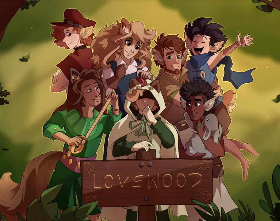 The main menu image from Lovewood, showing the main character surrounded by the six love interest fairies.